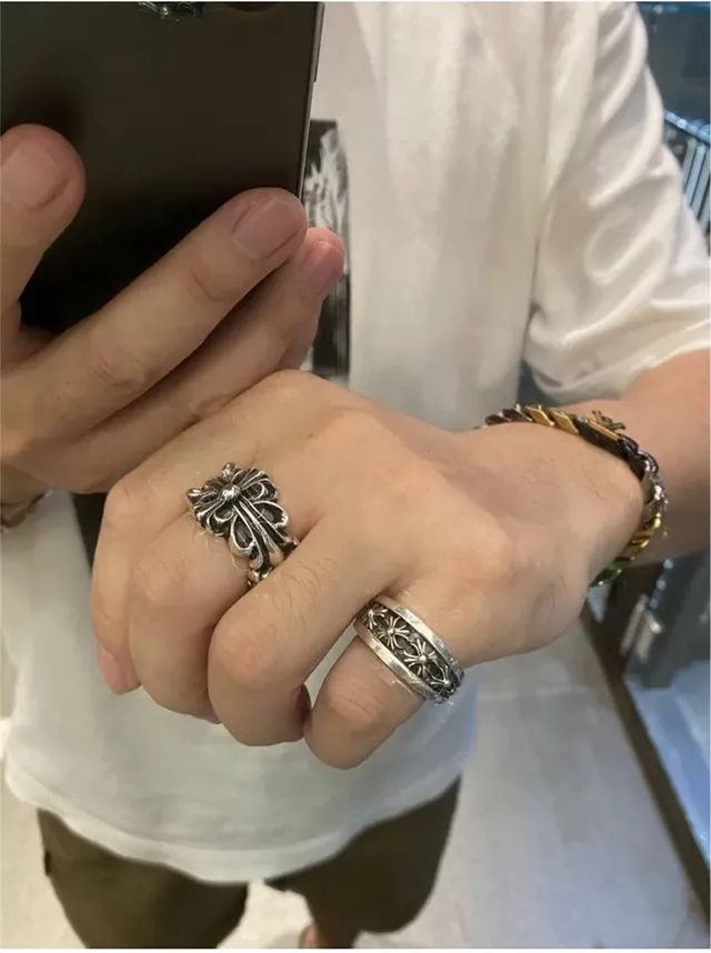Chrome Hearts ফ্লোরাল ব্যান্ড রিং রূপালী চওড়া খোদাই করা মোটিফ রিং 3