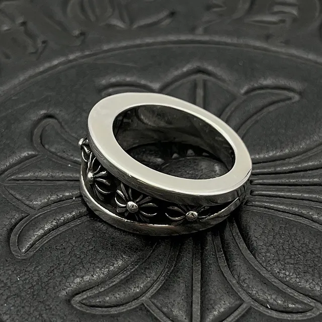 Chrome Hearts ফ্লোরাল ব্যান্ড রিং রূপালী চওড়া খোদাই করা মোটিফ রিং 6