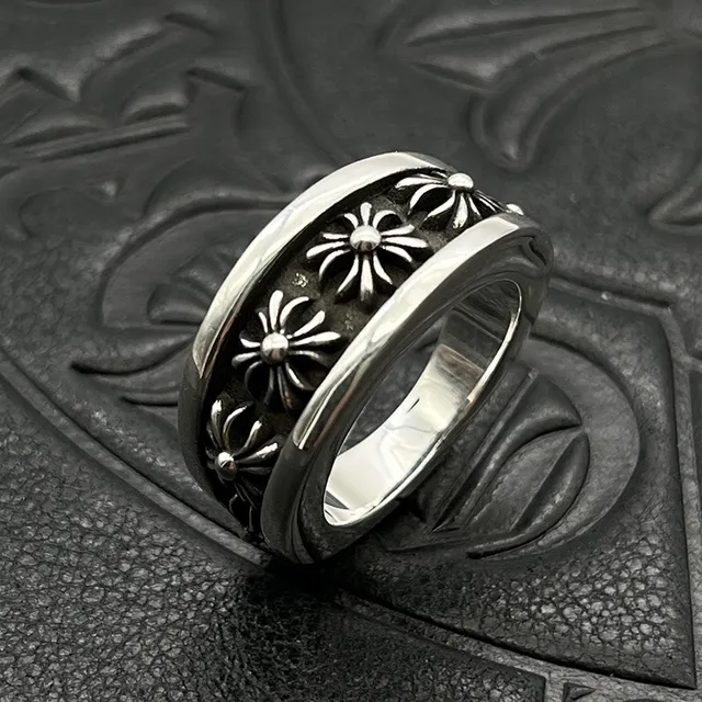 Chrome Hearts ফ্লোরাল ব্যান্ড রিং রূপালী চওড়া খোদাই করা মোটিফ রিং 7