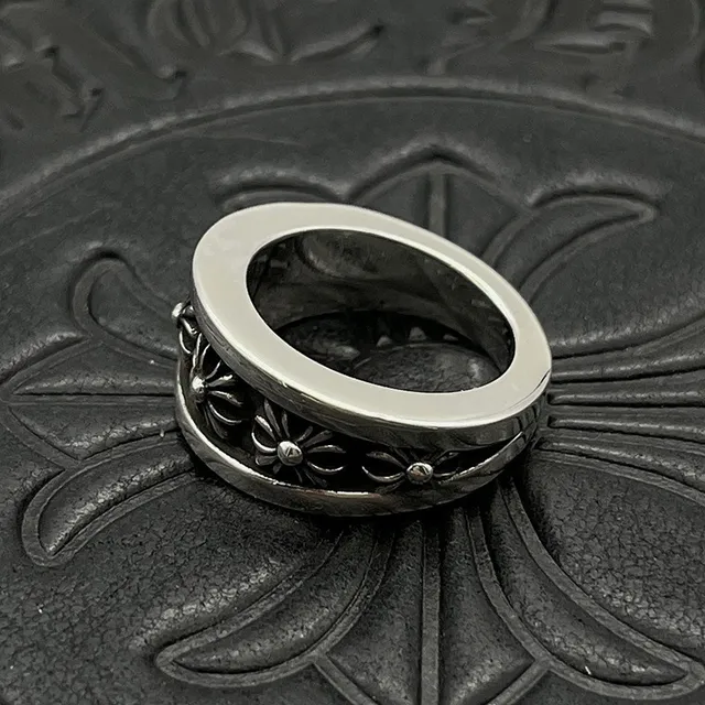 Chrome Hearts ফ্লোরাল ব্যান্ড রিং রূপালী চওড়া খোদাই করা মোটিফ রিং 8
