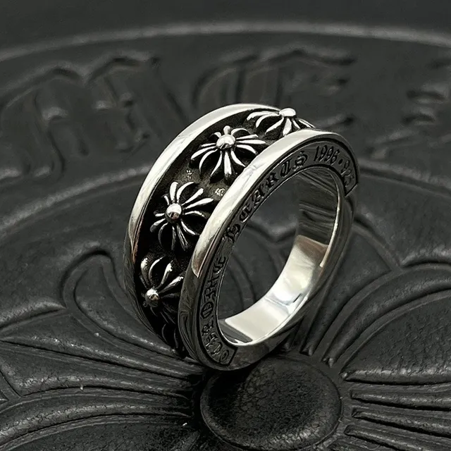 Chrome Hearts ফ্লোরাল ব্যান্ড রিং রূপালী চওড়া খোদাই করা মোটিফ রিং 9