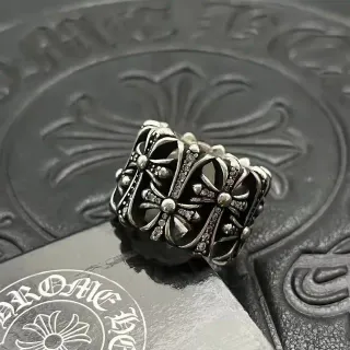 Chrome Hearts Floral Cross Pavé Oxidized Silver Ring