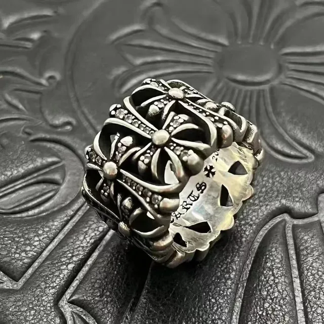 Chrome Hearts Floral Cross Pavé Oxidized Silver Ring 4