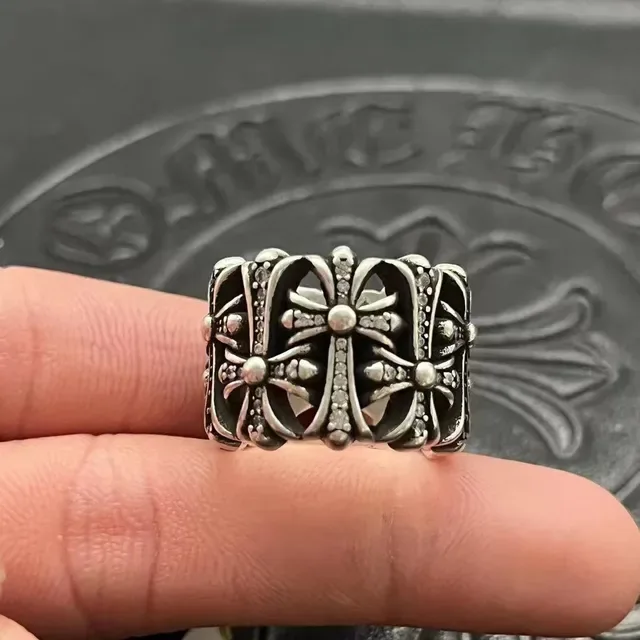 Chrome Hearts Floral Cross Pavé Oxidized Silver Ring 5