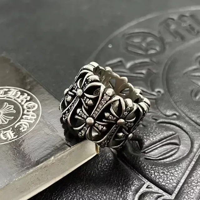 Chrome Hearts Floral Cross Pavé Oxidized Silver Ring 7