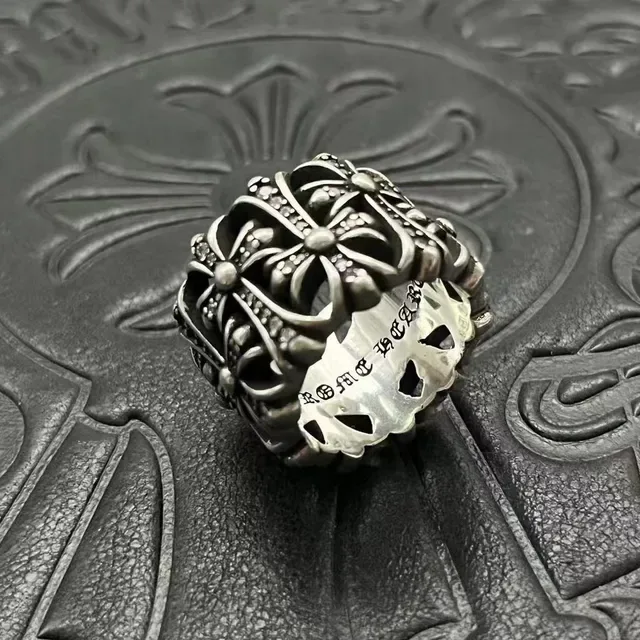 Chrome Hearts Floral Cross Pavé Oxidized Silver Ring 8