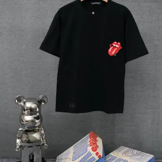 Chrome Hearts Rolling Stones टंग लोगो पॉकेट टी काला लाल कॉटन जर्सी लेफ्ट-चेस्ट टी-शर्ट