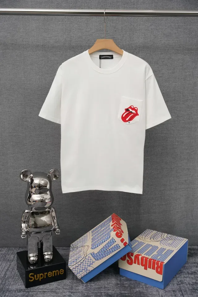 Camiseta de bolso Chrome Hearts Rolling Stones logo língua preto vermelho jersey de algodão peito esquerdo 2