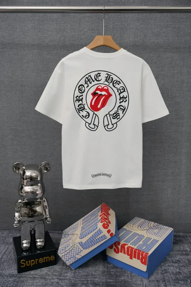 Camiseta de bolso Chrome Hearts Rolling Stones logo língua preto vermelho jersey de algodão peito esquerdo 3