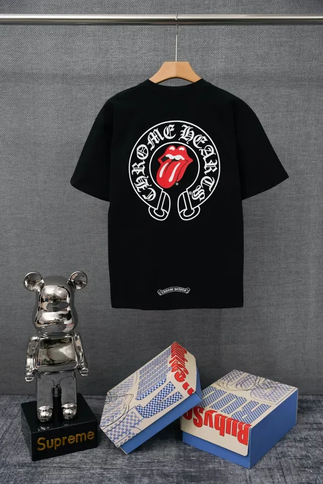 Camiseta de bolso Chrome Hearts Rolling Stones logo língua preto vermelho jersey de algodão peito esquerdo 4