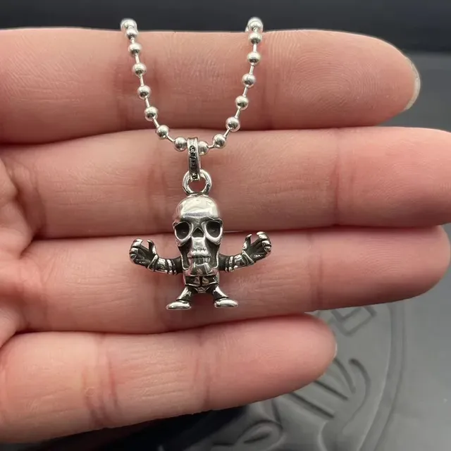 Colar Chrome Hearts Corrente de Bolas 3D Esculpida Caveira Prata Preto 3