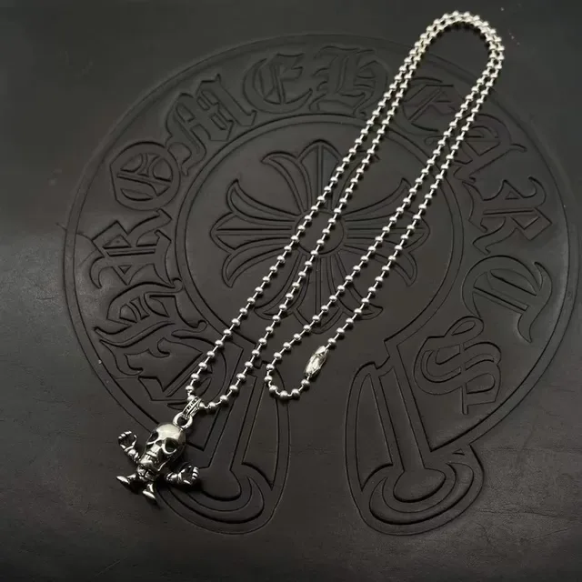 Colar Chrome Hearts Corrente de Bolas 3D Esculpida Caveira Prata Preto 6