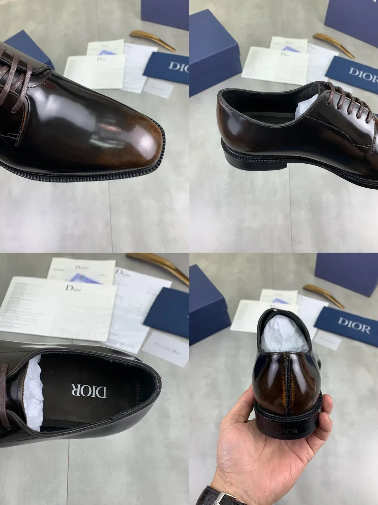 Dior B27 বাদামী হাই-গ্লস প্যাটেন্ট লেদার ক্যাপ-টো অক্সফোর্ড শু 2