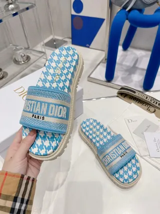 Dior B27 Christian Dior Paris Houndstooth Blue White Slippers 4