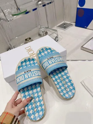 Dior B27 Christian Dior Paris Houndstooth Blue White Slippers 6