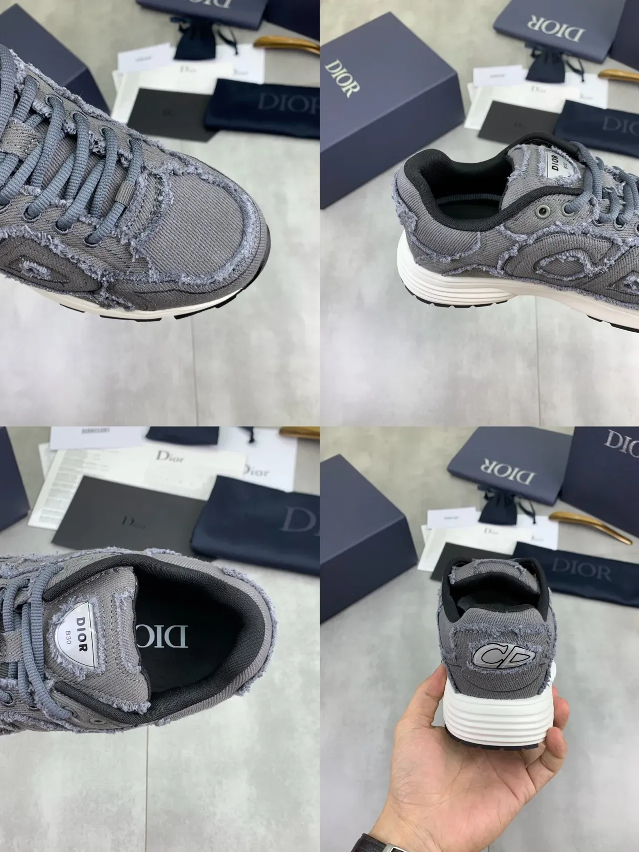 Dior B30 رمادي حافة ممزقة نسيج أحذية رياضية أسلوب حياة 3