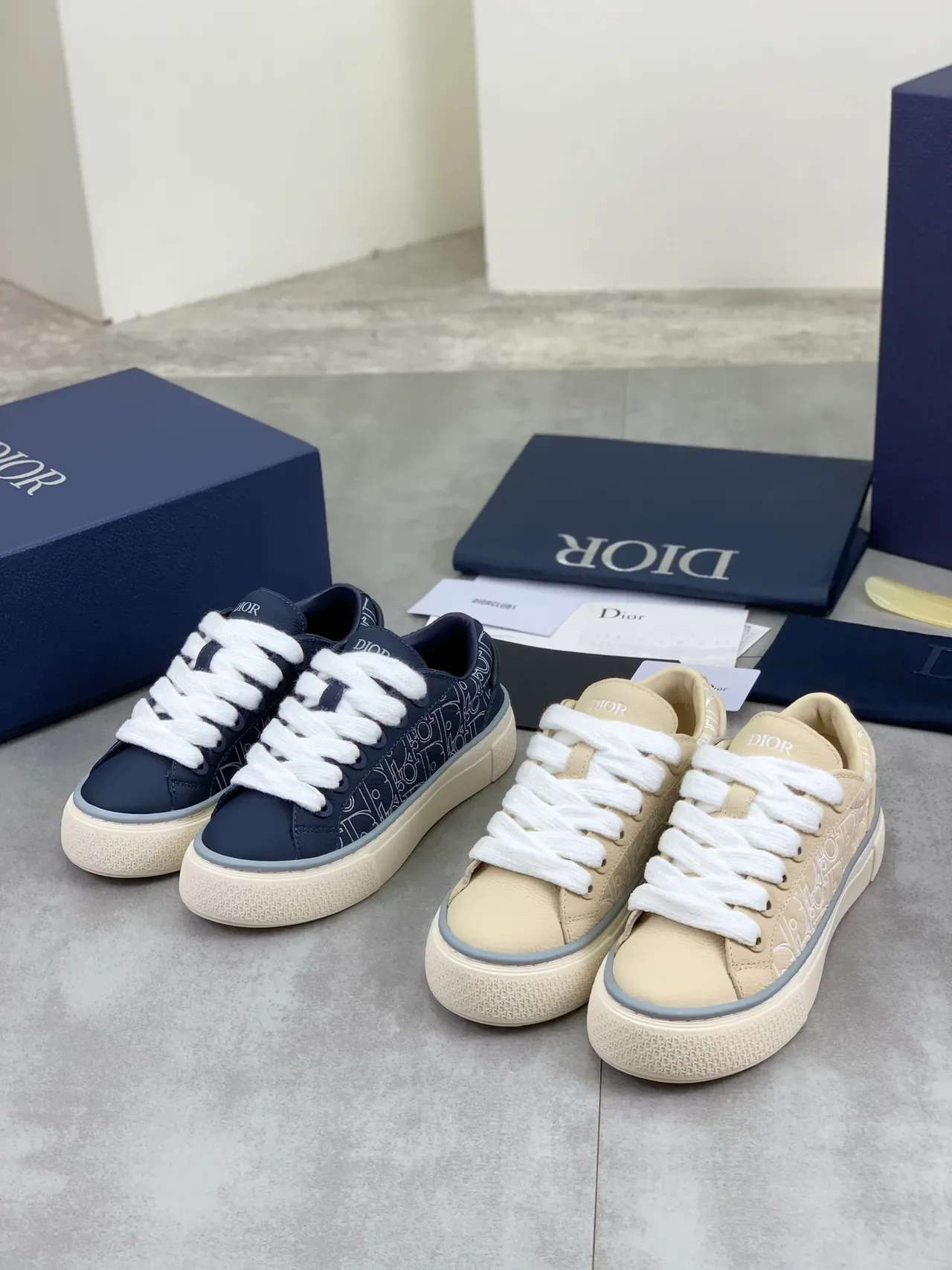 Dior Beige Gray Monogram-Embossed Leather Low-Top Platform Sole Lifestyle Sneakers 2