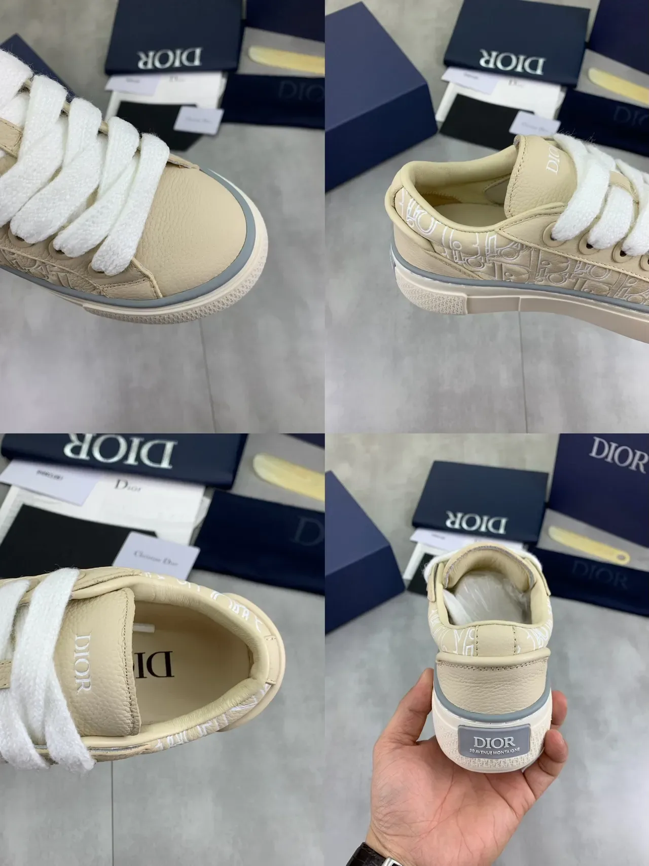 Dior Beige Gray Monogram-Embossed Leather Low-Top Platform Sole Lifestyle Sneakers 3