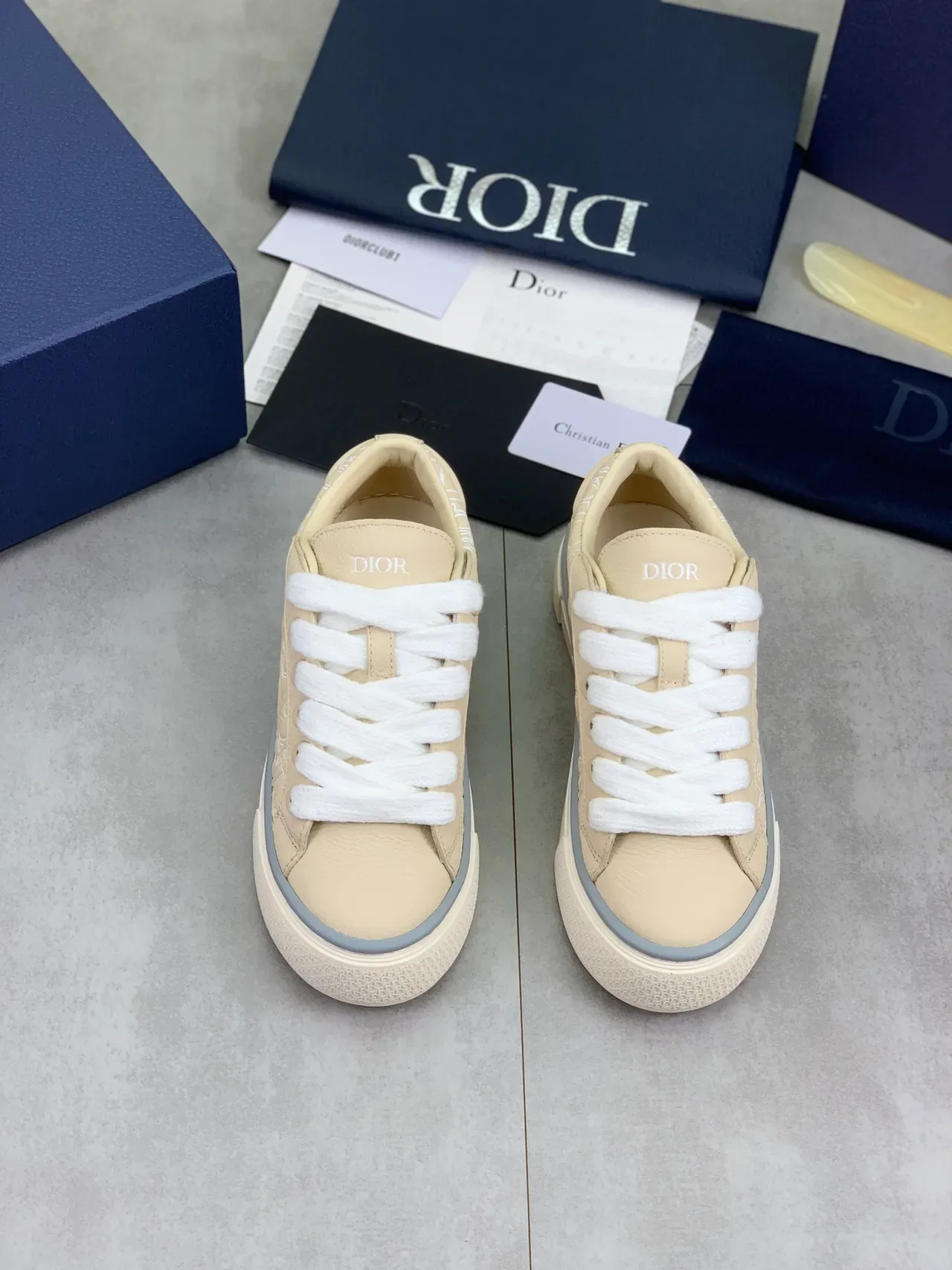 Dior Beige Gray Monogram-Embossed Leather Low-Top Platform Sole Lifestyle Sneakers 5