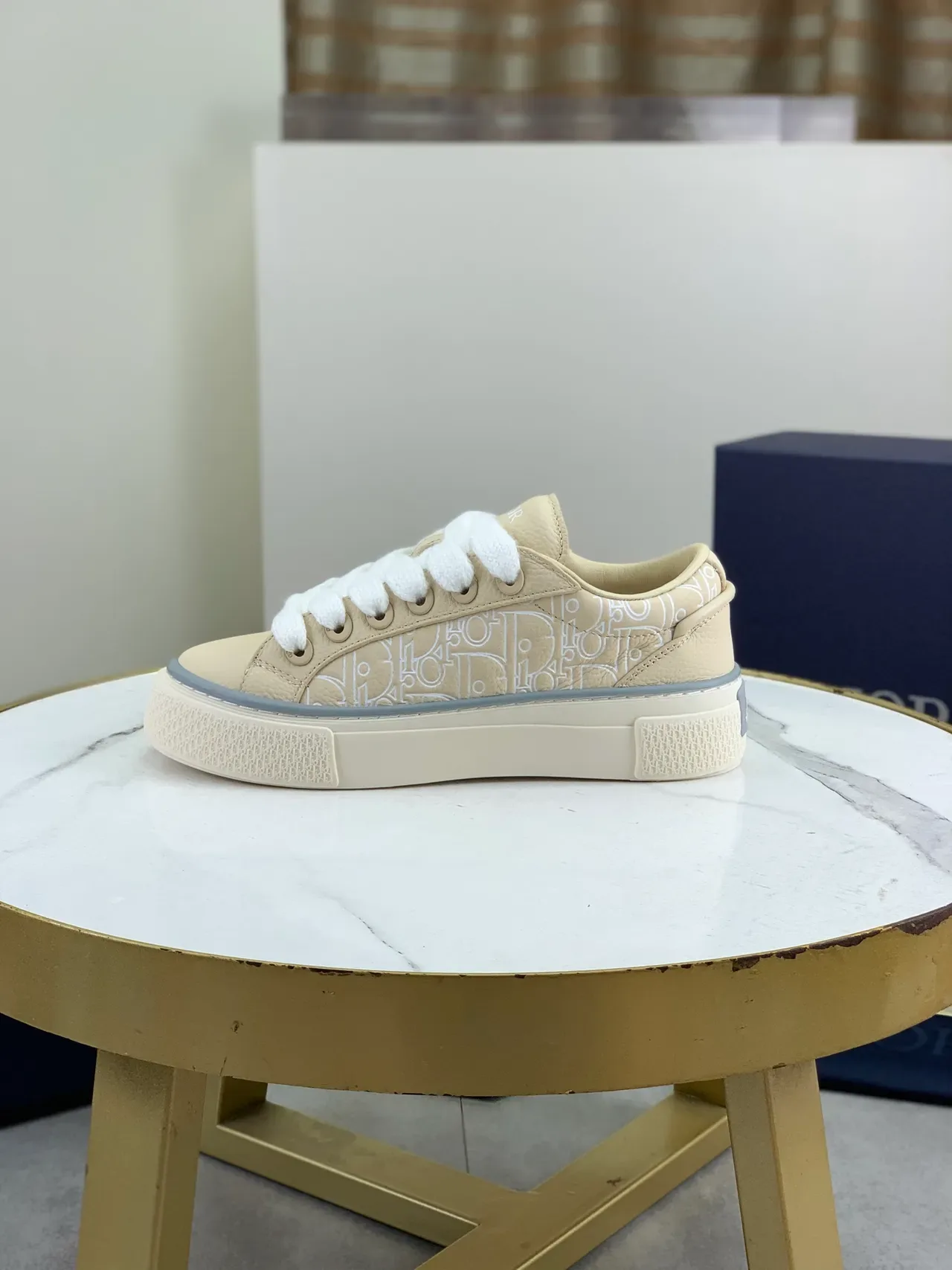 Dior Beige Gray Monogram-Embossed Leather Low-Top Platform Sole Lifestyle Sneakers 6