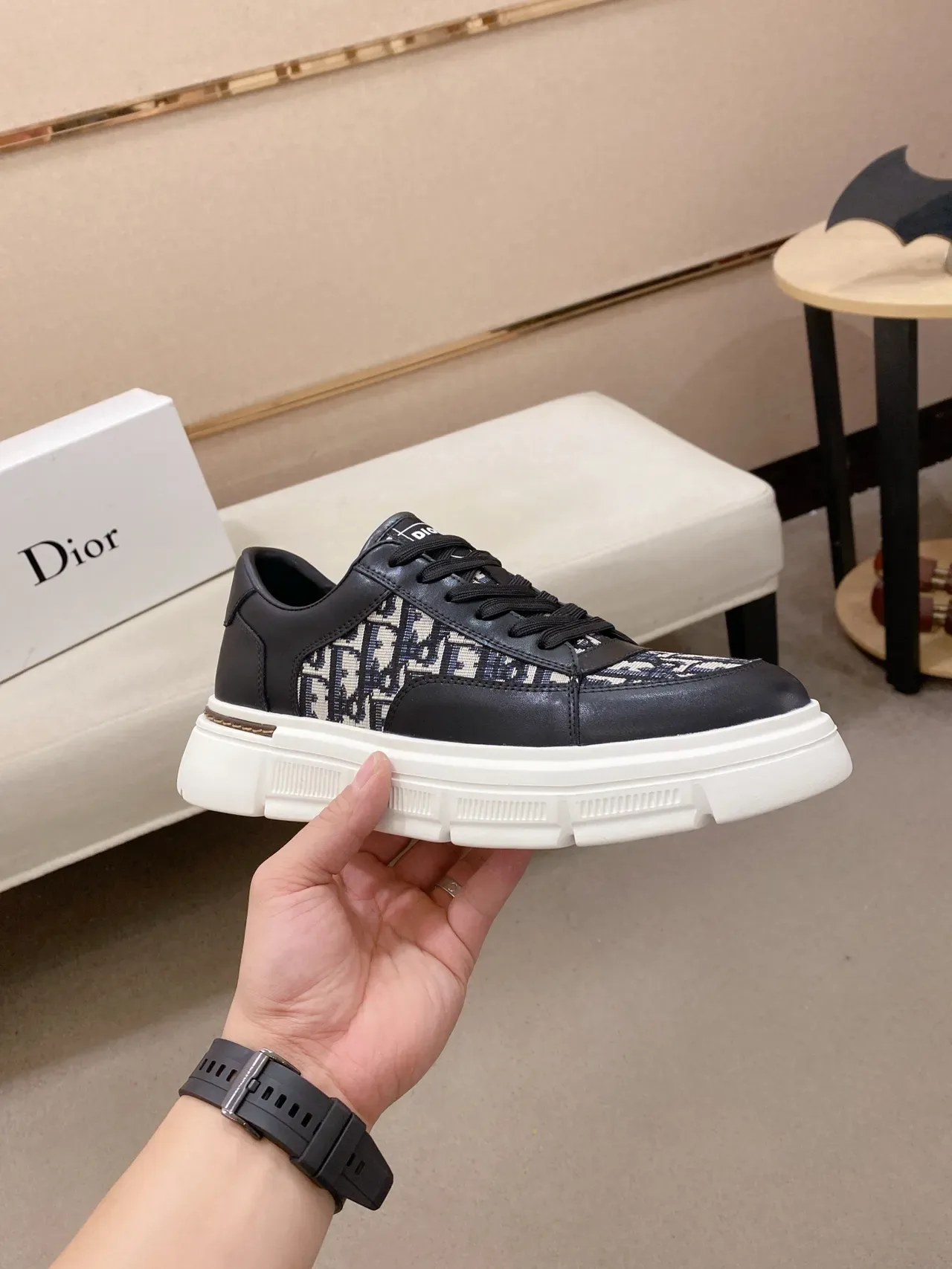 Dior Black Beige Monogrammed Textile Leather Overlay Lifestyle Sneakers 4