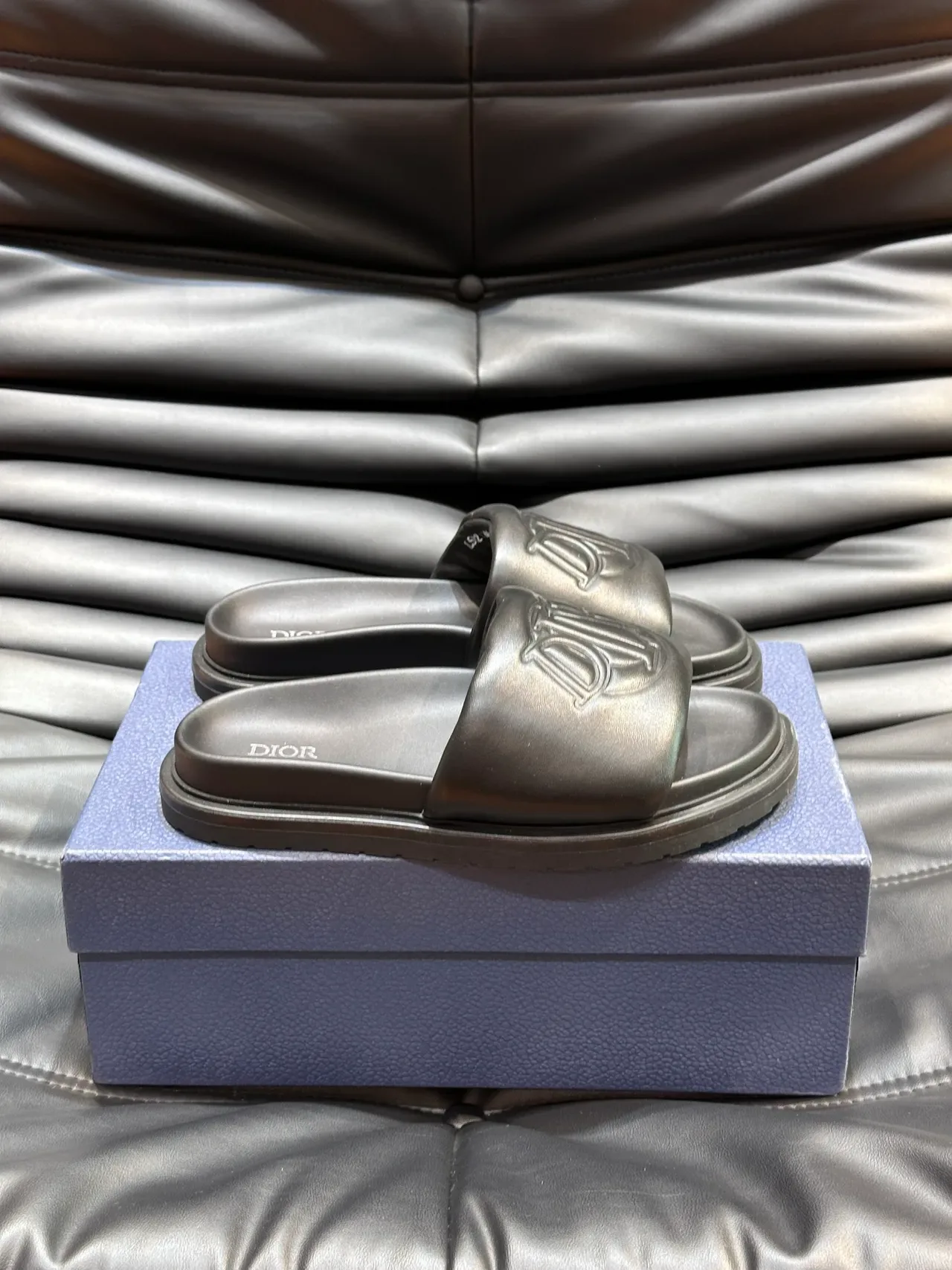 Dior Black Blue Monogram Strap Flat Sole Slippers 4