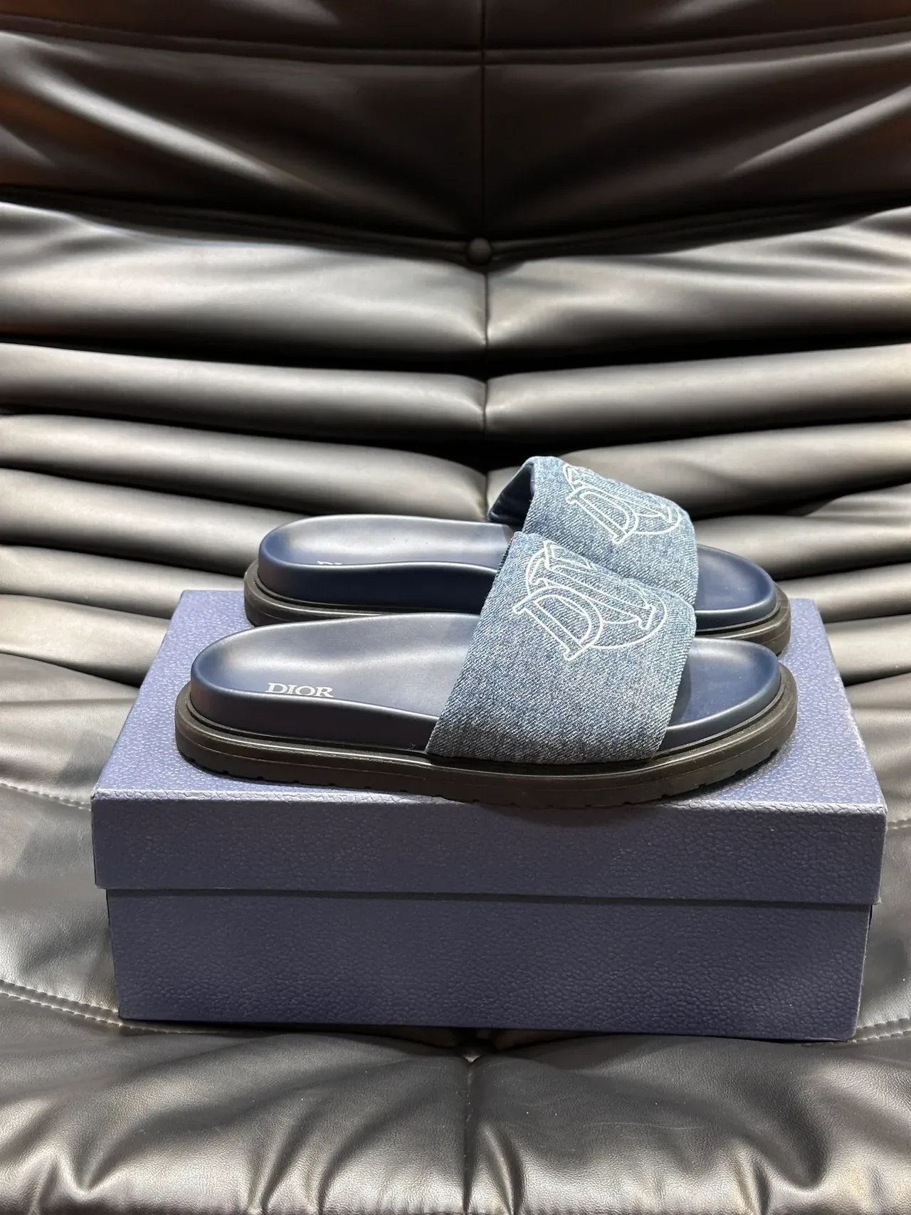 Dior Black Blue Monogram Strap Flat Sole Slippers 7