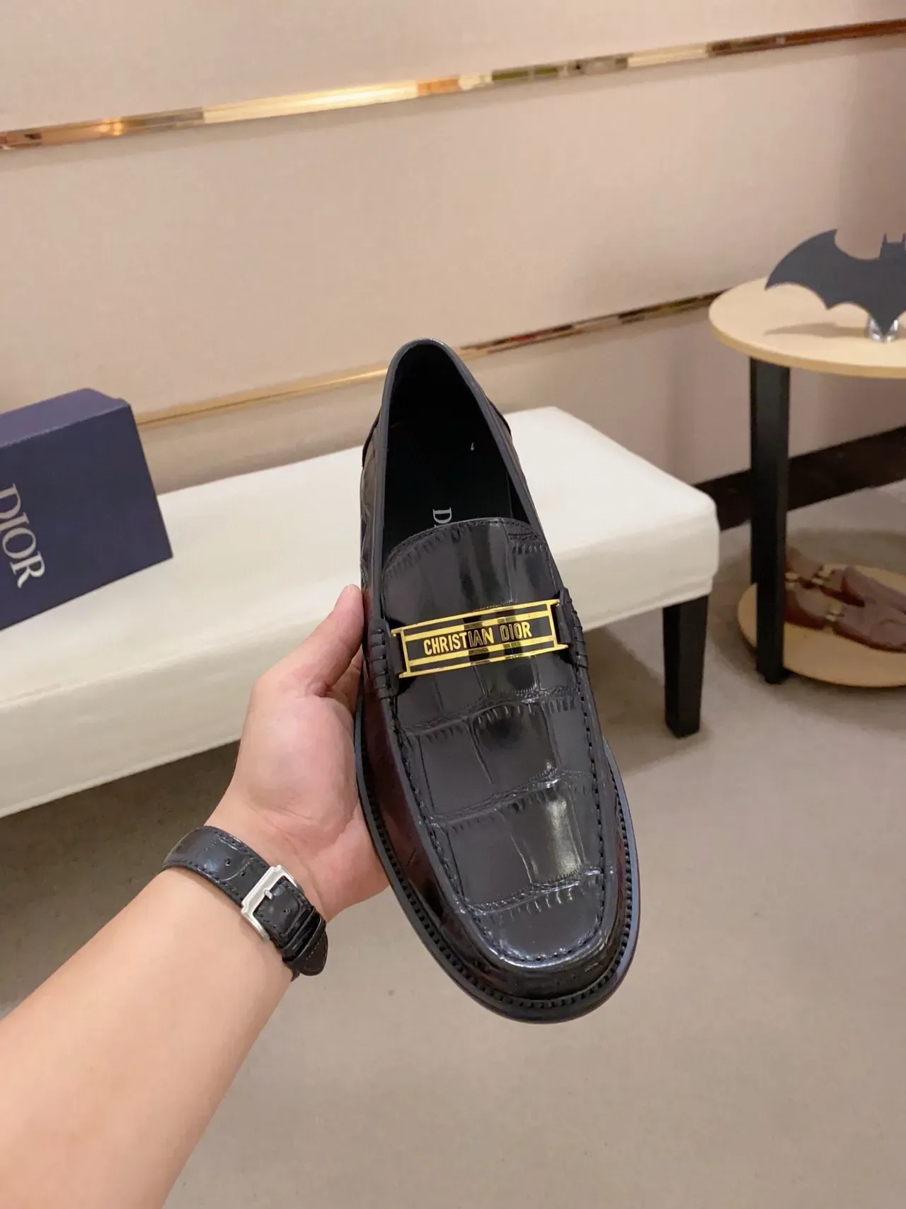 Dior Black Gold Croc-Embossed Leather Logo Plaque Loafer 5
