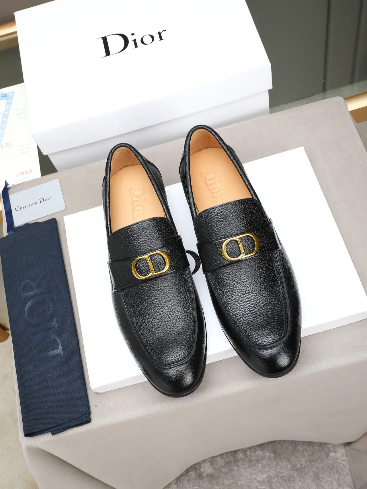 Dior Black Gold Pebbled Leather Penny Loafer 2