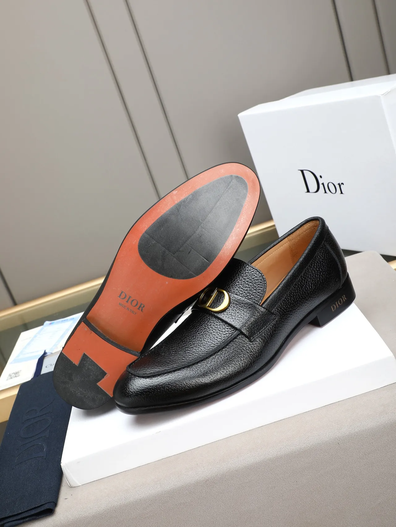 Dior Black Gold Pebbled Leather Penny Loafer 4