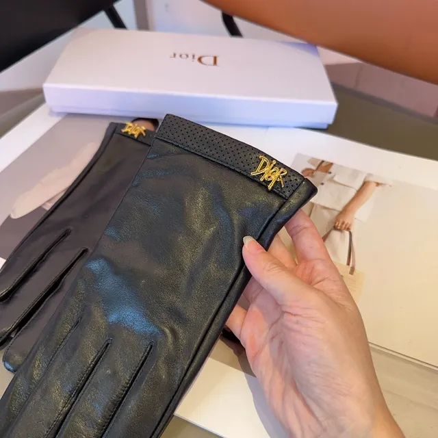 Dior Black Gold Smooth Perforated Wrist Cuff Leather Gloves 3