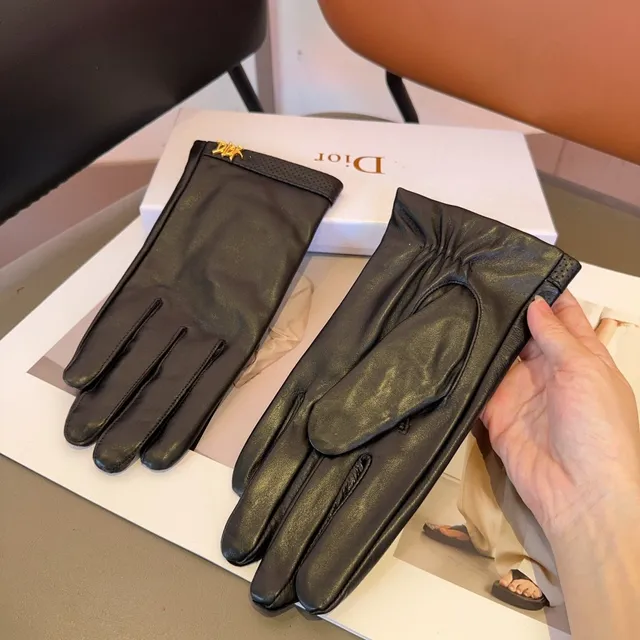 Dior Black Gold Smooth Perforated Wrist Cuff Leather Gloves 4