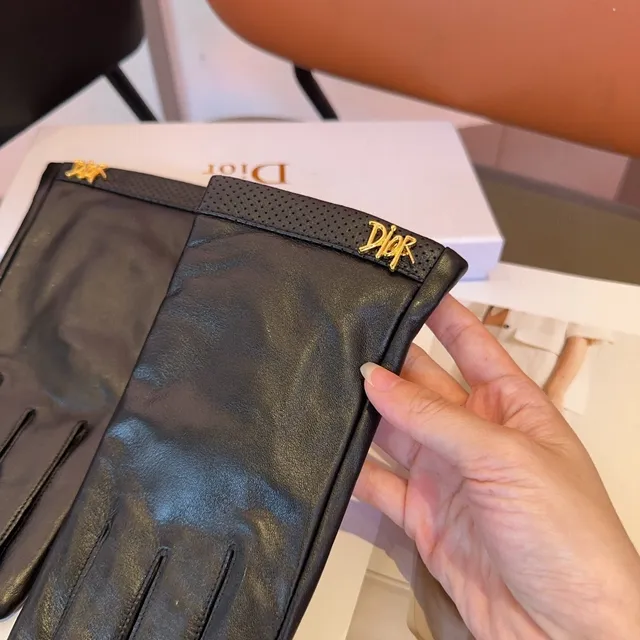 Dior Black Gold Smooth Perforated Wrist Cuff Leather Gloves 5