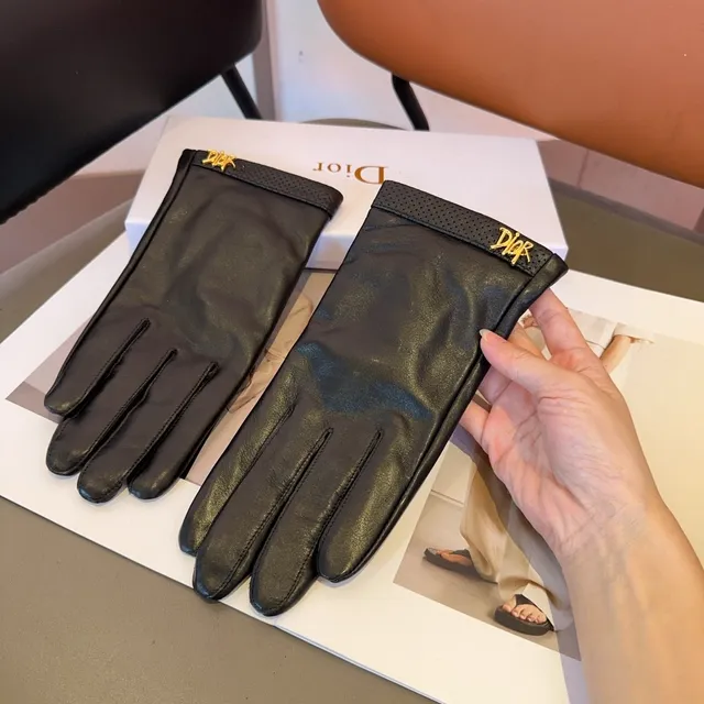 Dior Black Gold Smooth Perforated Wrist Cuff Leather Gloves 6