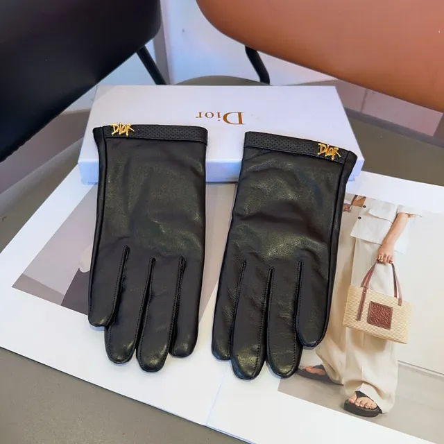 Dior Black Gold Smooth Perforated Wrist Cuff Leather Gloves 8