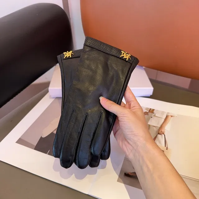 Dior Black Gold Smooth Perforated Wrist Cuff Leather Gloves 10