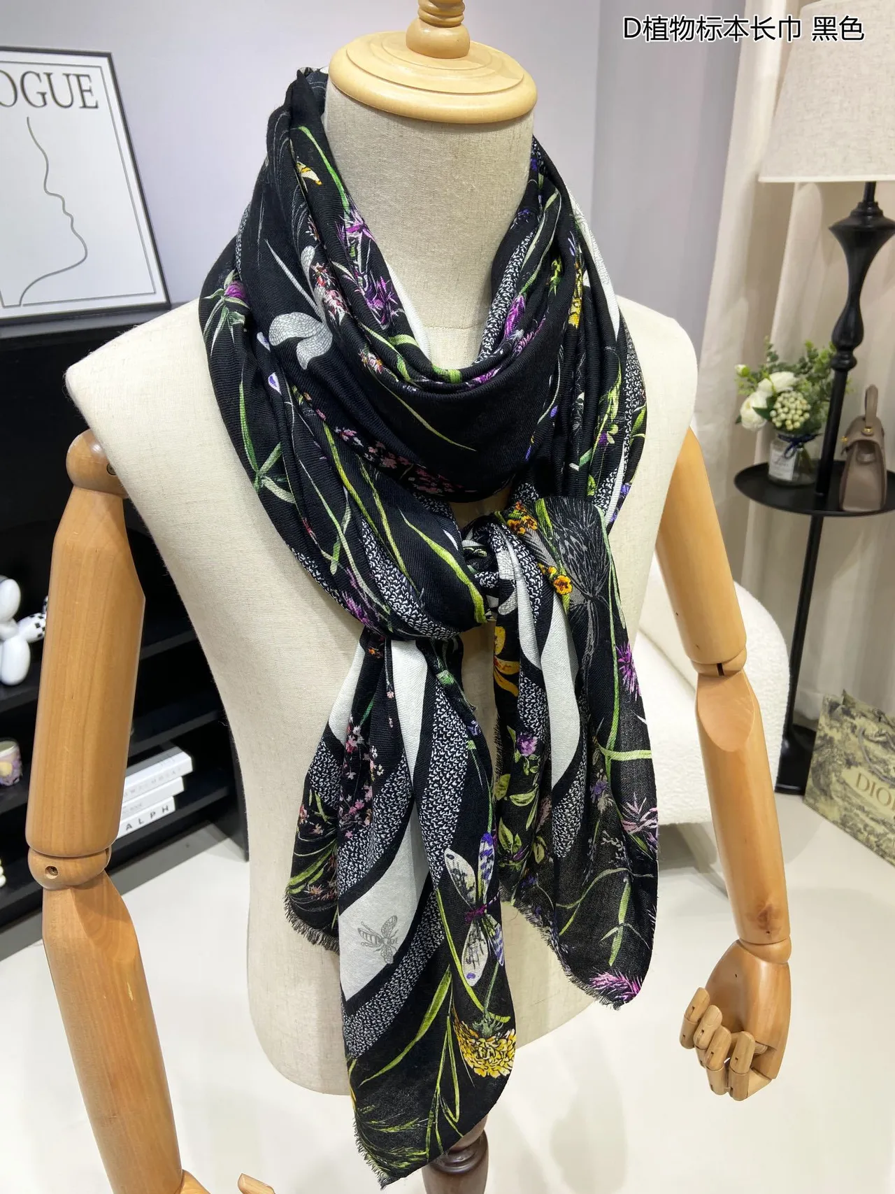 Dior Botanical Print Black Multicolor Fringed Hem Silk Scarf 5