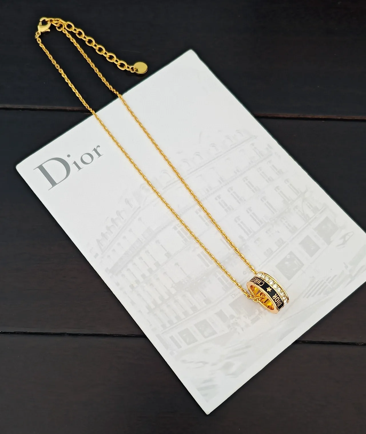 Dior Gold Black Curb Chain Stacked Ring Pendant Necklace 2