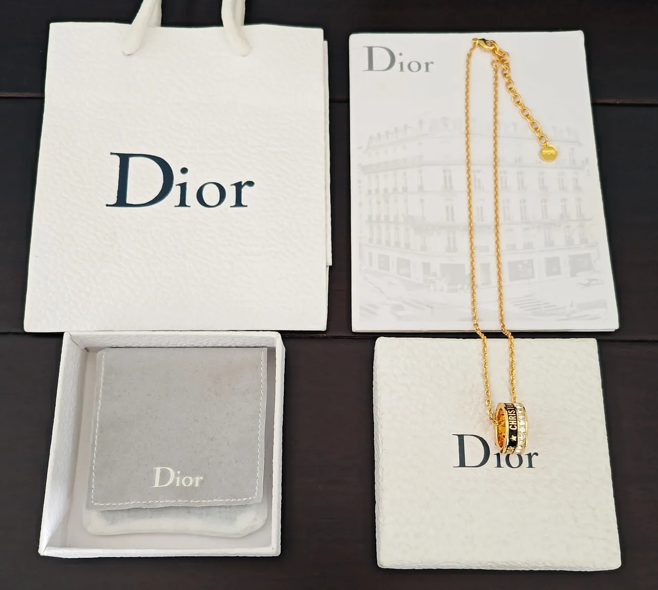 Dior Gold Black Curb Chain Stacked Ring Pendant Necklace 5