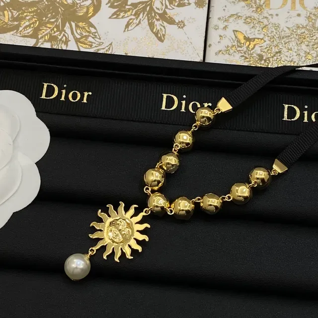 Dior Gold Black Sun Pendant Pearl Bead Chain Necklace 2