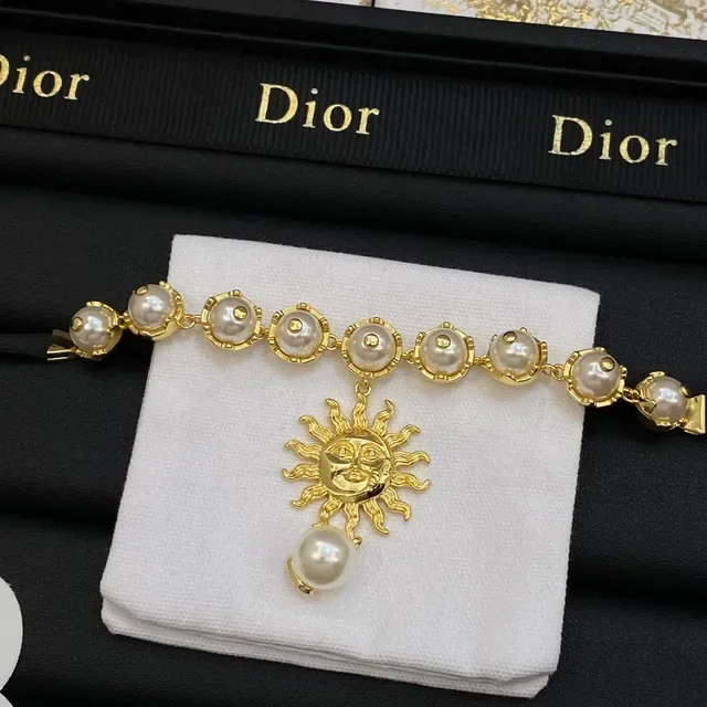 Dior Gold Black Sun Pendant Pearl Bead Chain Necklace 3