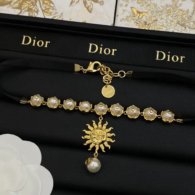 Dior Gold Black Sun Pendant Pearl Bead Chain Necklace 4