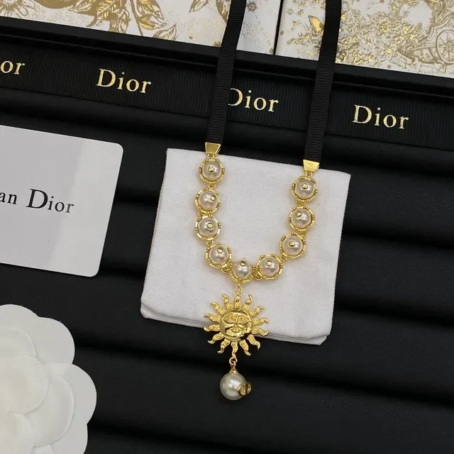Dior Gold Black Sun Pendant Pearl Bead Chain Necklace 5