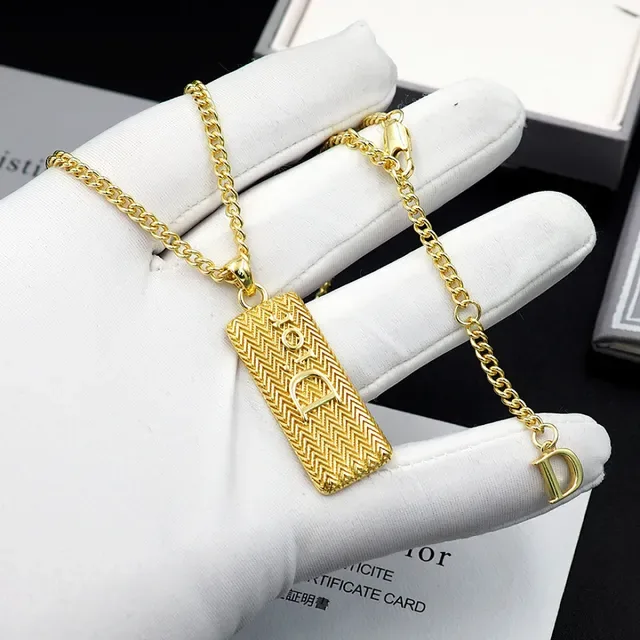 Dior Gold Curb Chain Rectangular Textured Pendant Necklace 10