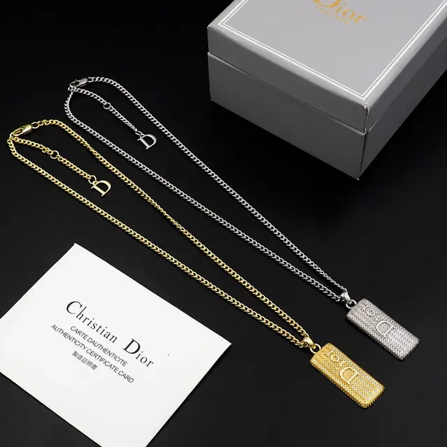 Dior Gold Curb Chain Rectangular Textured Pendant Necklace 13