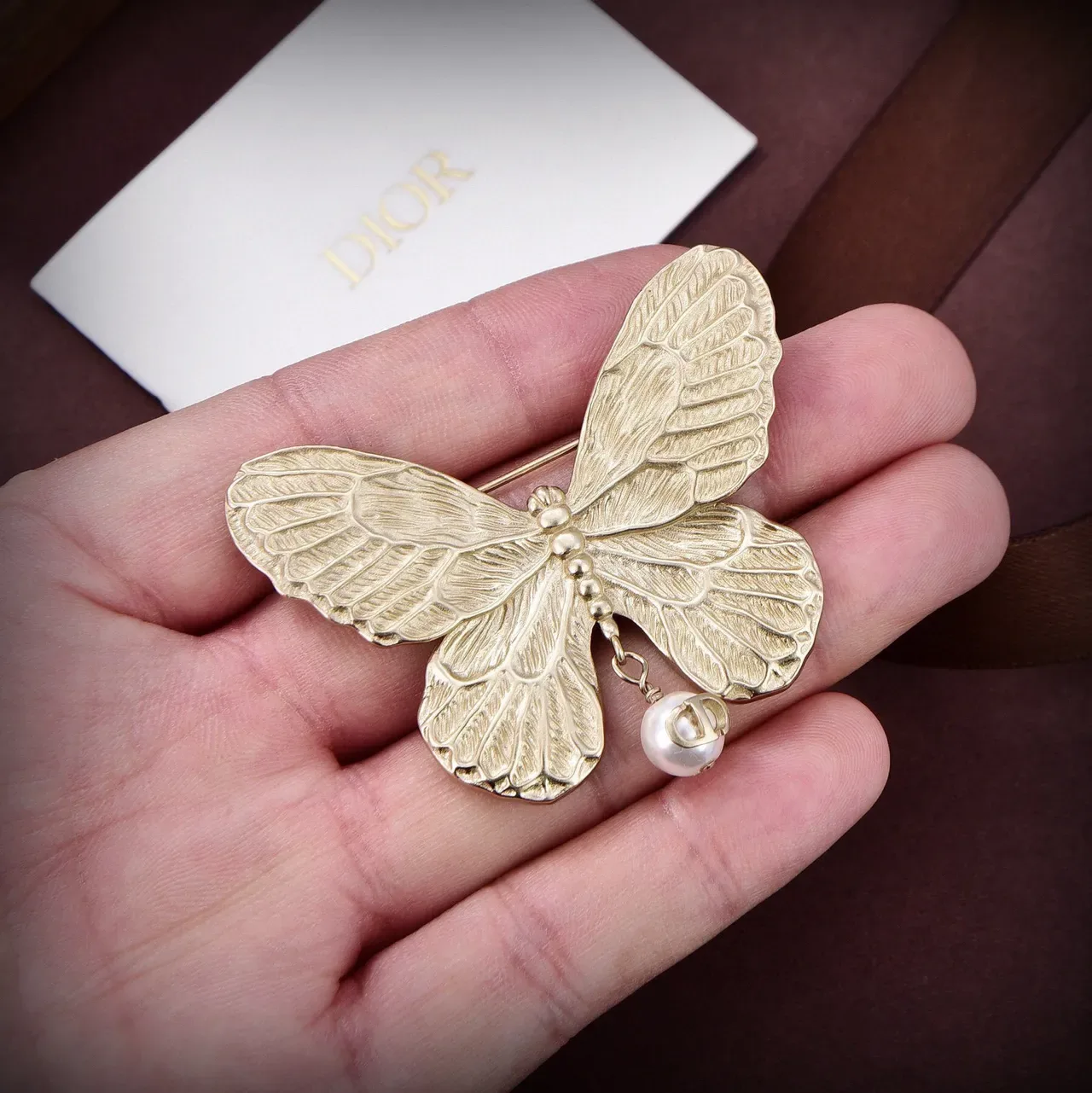 Dior Gold-Tone Butterfly Pearl-Dangle Brooch 3