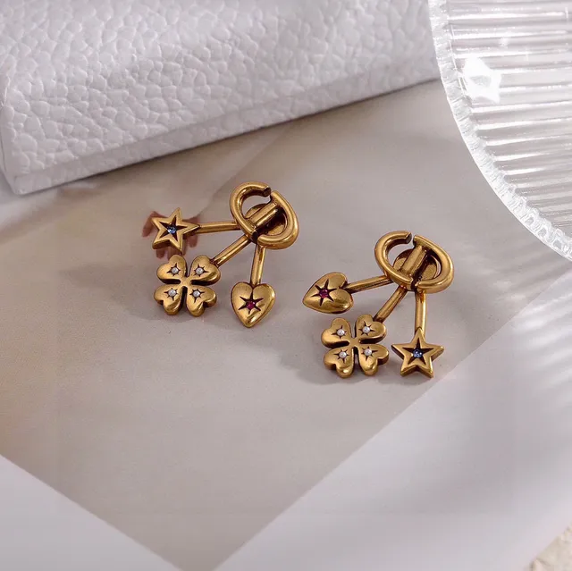 Dior Gold-Tone Star Heart Clover Charm Earrings 4