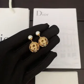Dior Boucles d'Oreilles Perle Sphérique Tissée Ton Doré Double Face