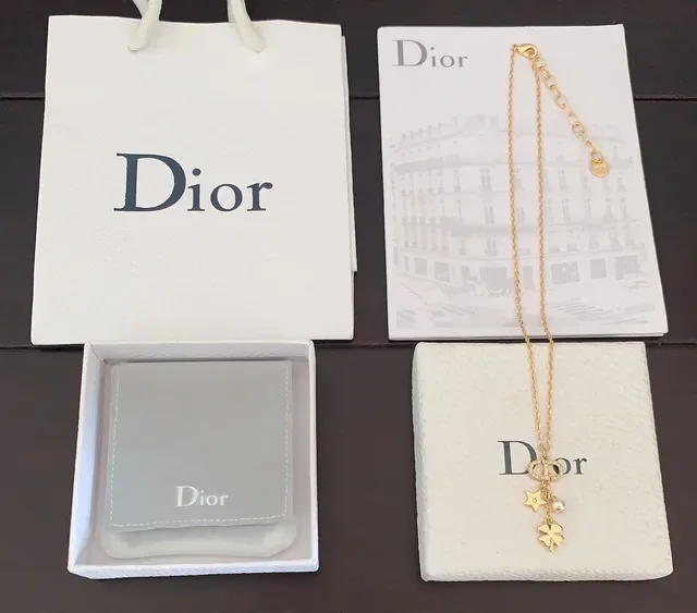 Collier Chaîne Dorée Blanche Encrustée de Cristaux et Motif D de Dior 4
