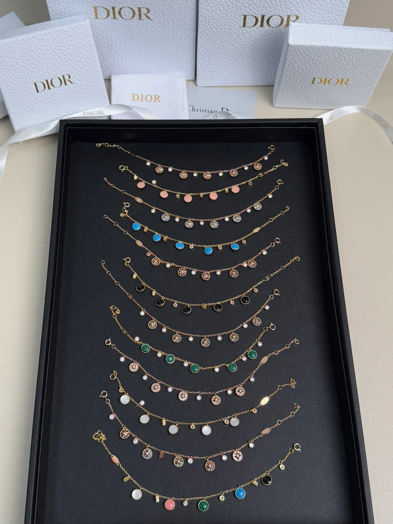 Dior Gold White Chain Dangling Compass-Star Charms Bracelet 5